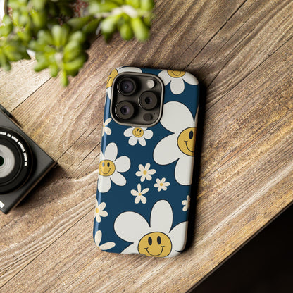 Fun Retro Daisy Pattern with Blue Background Phone Case - Blue Phone Case