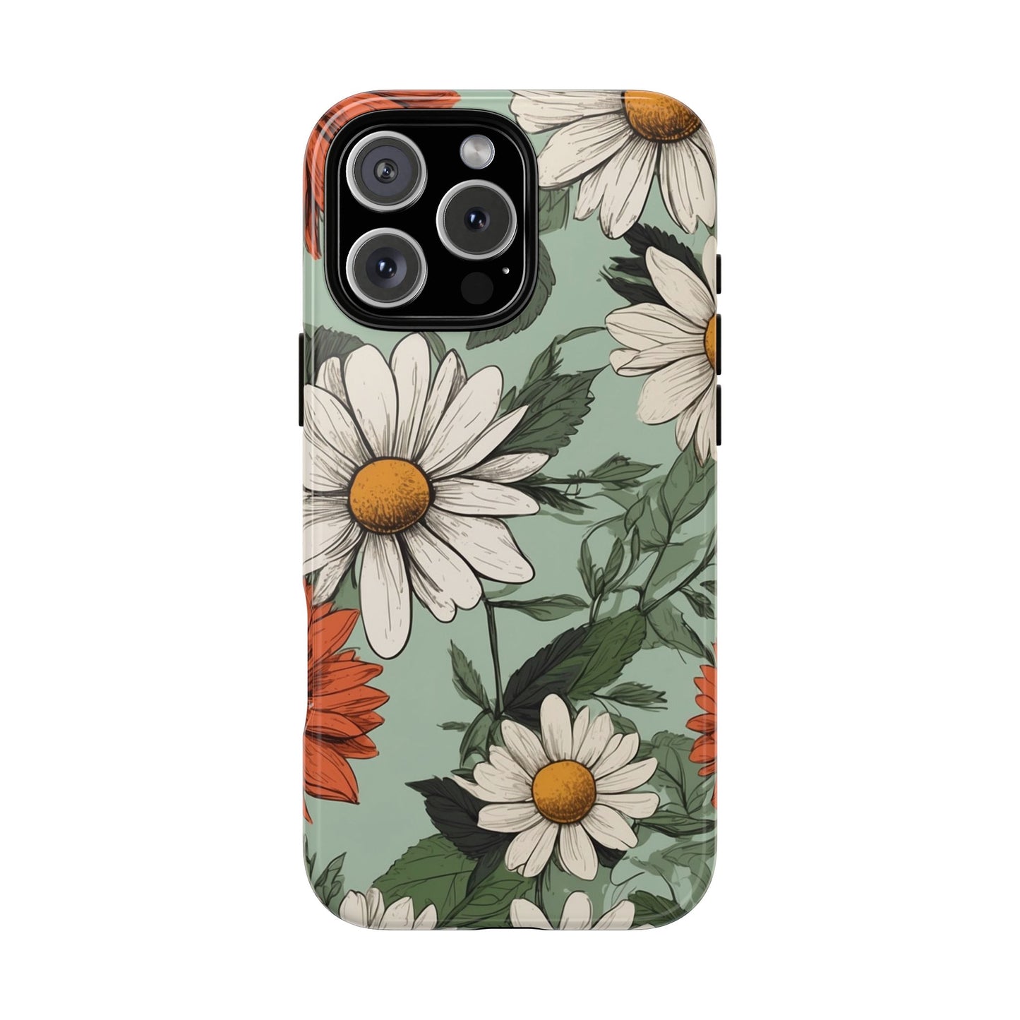 iPhone 16 Pro Max / Glossy Phone Case - Boho Chic Daisies Floral Pattern ’White & Orange’ Phone Case