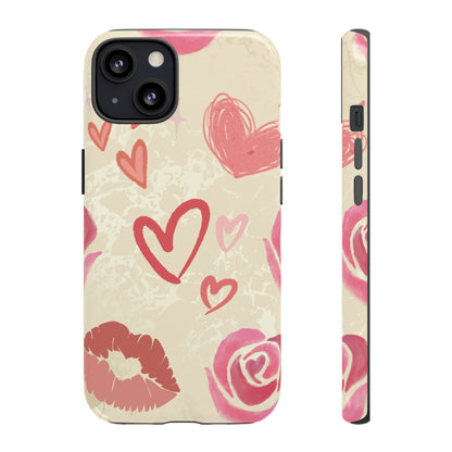 iPhone 13 / Glossy Phone Case - ’Pink Heart & Rose Pattern’ Phone Case