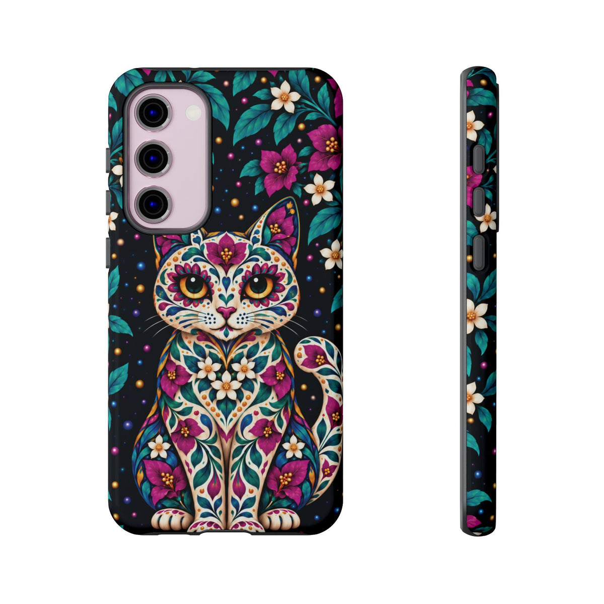 Vibrant Purple and Teal Calavera Cat Phone Case - Multicolor Phone Case - Samsung Galaxy S23 Plus / Glossy