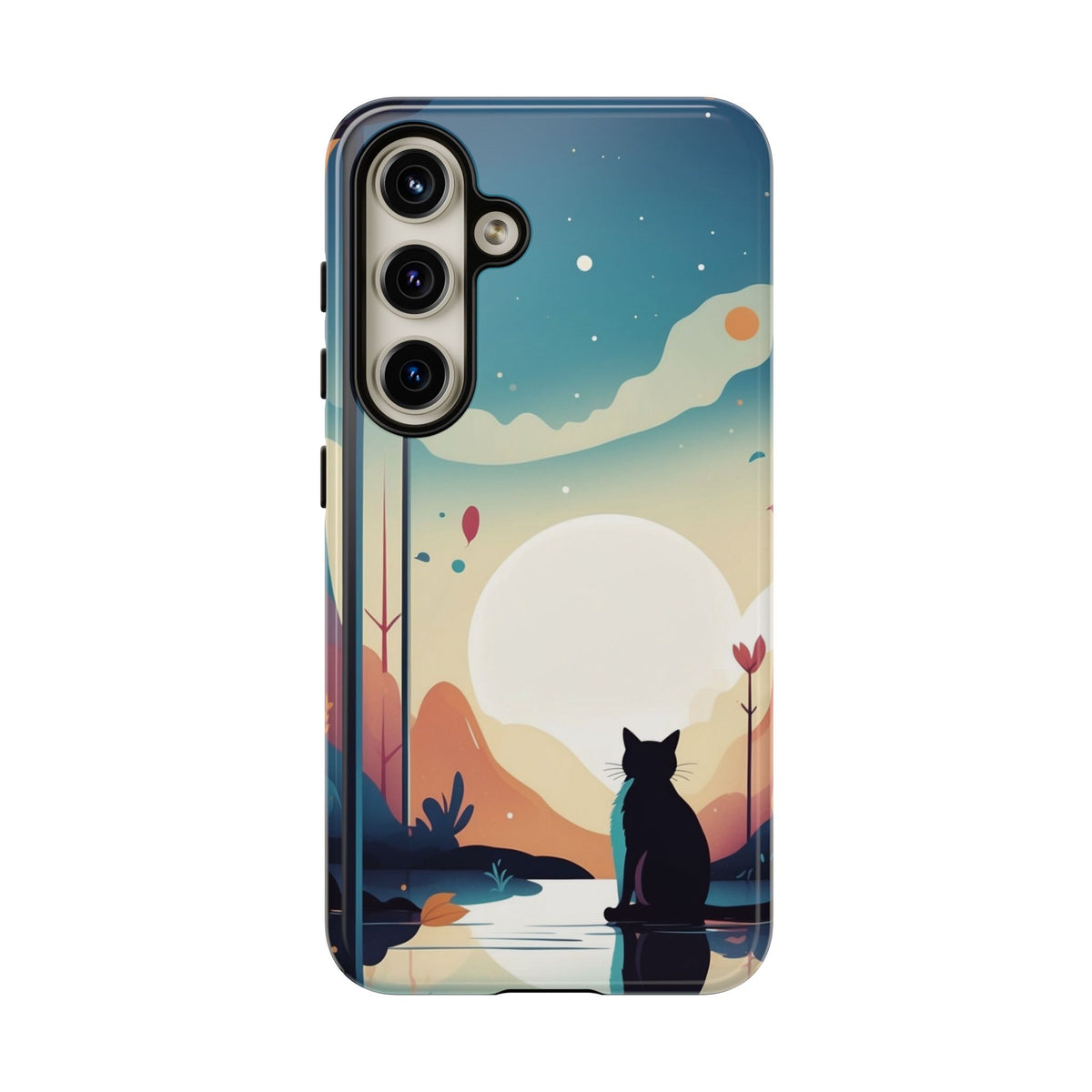 Stylised Cat & Moon Design Phone Case - Multicolor Phone Case - Samsung Galaxy S24 / Glossy