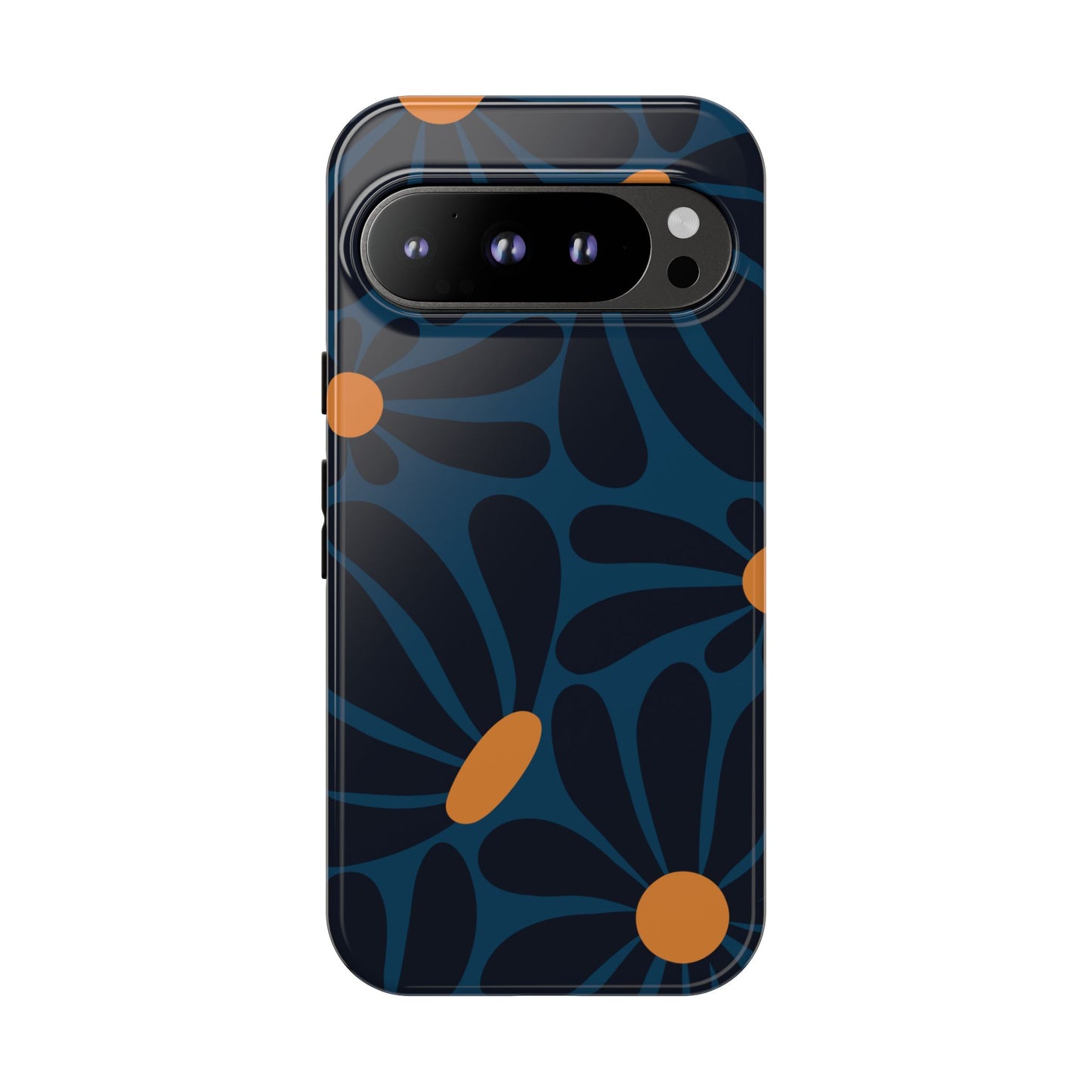 Google Pixel 9 Pro / Glossy Phone Case - ’Dark Blue & Orange Daisy Pattern’ Phone Case
