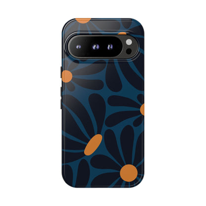 Google Pixel 9 Pro / Glossy Phone Case - ’Dark Blue & Orange Daisy Pattern’ Phone Case
