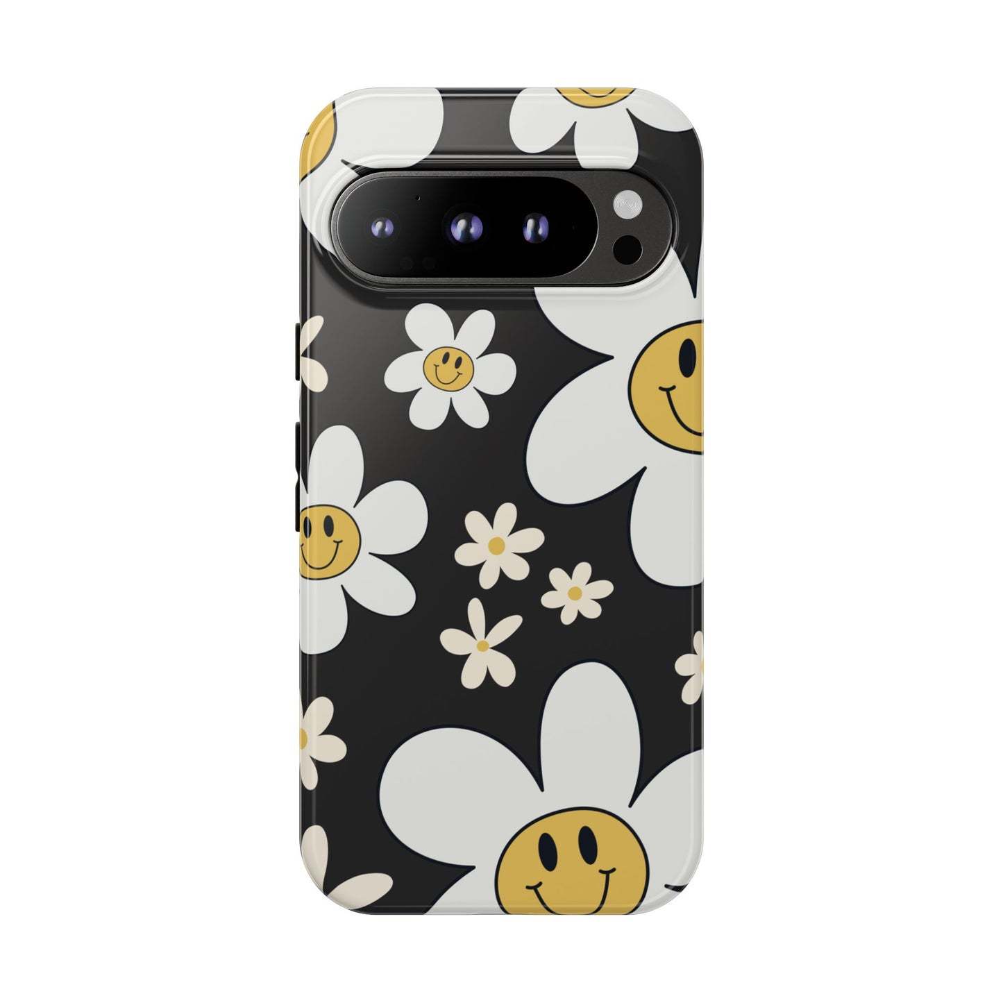 Google Pixel 9 Pro / Glossy Phone Case - Fun Retro Daisy Pattern with Dark Grey Background Phone Case