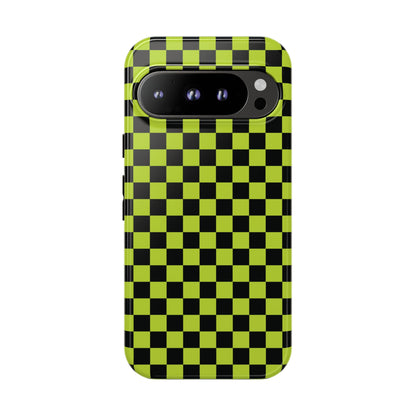 Google Pixel 9 Pro / Glossy Phone Case - Trendy Neon Lime Green & Plum Small Checked Pattern Phone Case