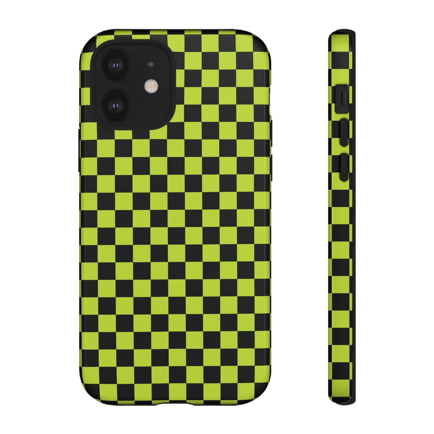 iPhone 12 / Glossy Phone Case - Trendy Neon Lime Green & Plum Small Checked Pattern Phone Case