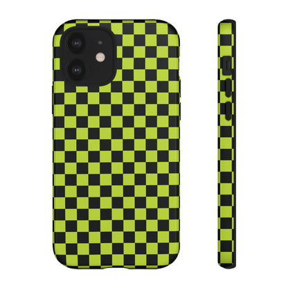 iPhone 12 / Glossy Phone Case - Trendy Neon Lime Green & Plum Small Checked Pattern Phone Case