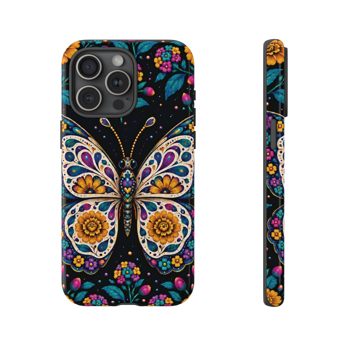 Vibrant Purple and Teal Calavera Butterfly Phone Case - Multicolor Phone Case - iPhone 15 Pro Max / Glossy
