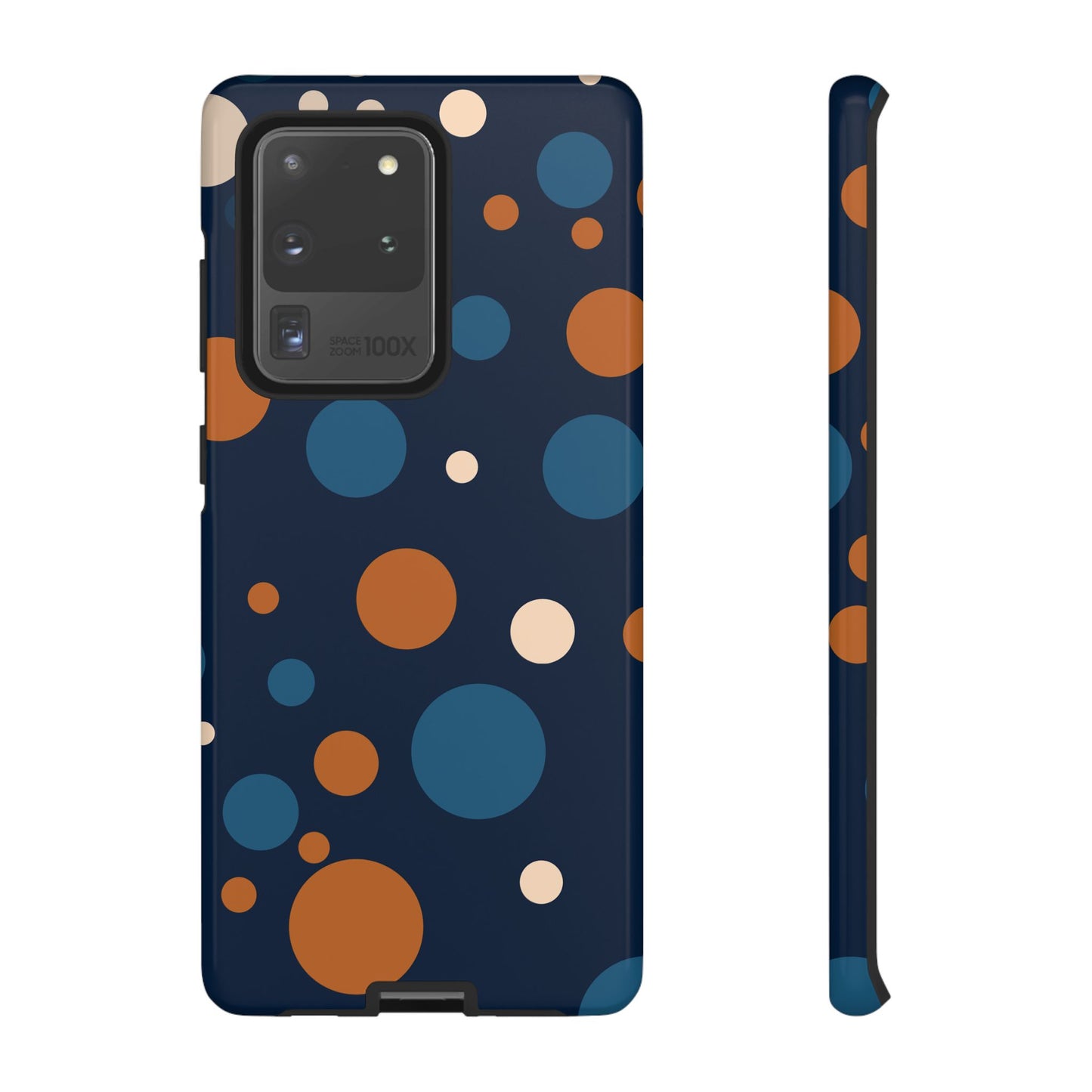 Samsung Galaxy S20 Ultra / Glossy Phone Case - ’Bold Navy Blue & Orange / White Dot Pattern’ Phone Case