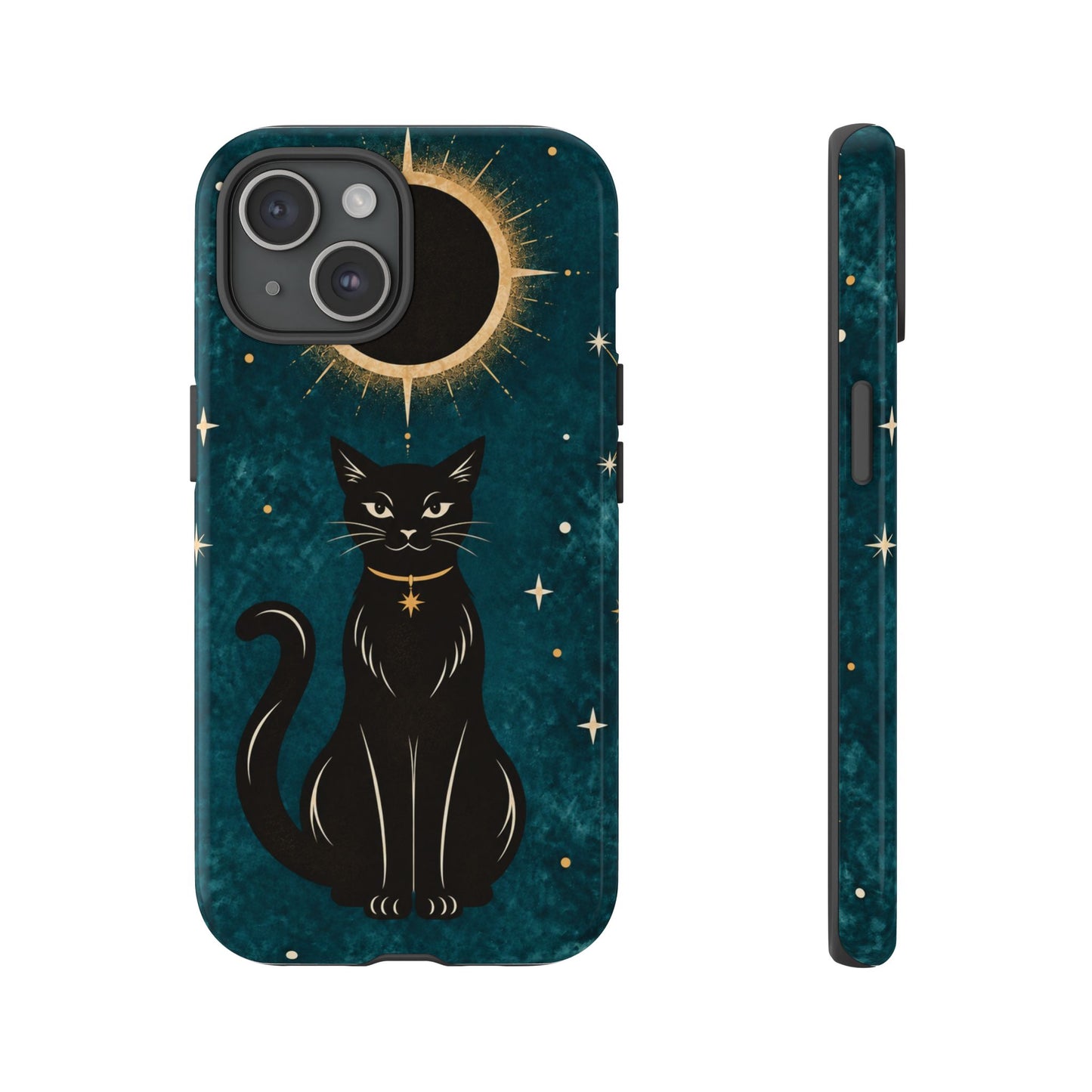 Whimsical Teal Celestial Black Cat Phone Case