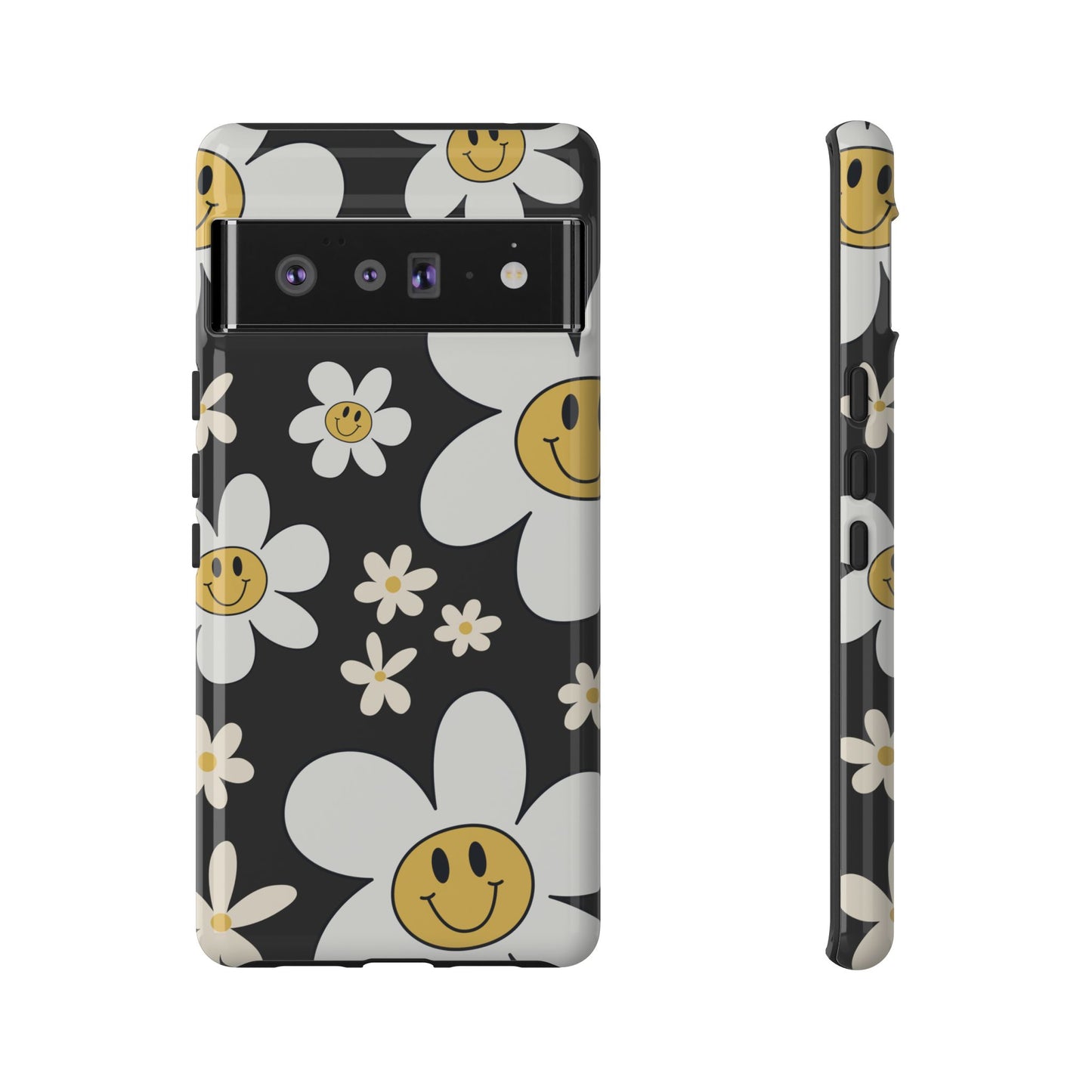 Google Pixel 6 Pro / Glossy Phone Case - Fun Retro Daisy Pattern with Dark Grey Background Phone Case