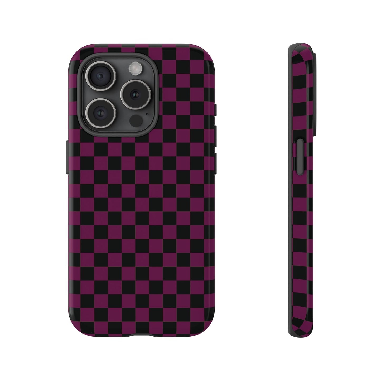 iPhone 15 Pro / Glossy Phone Case - Trendy Plum & Black Small Checked Pattern Phone Case