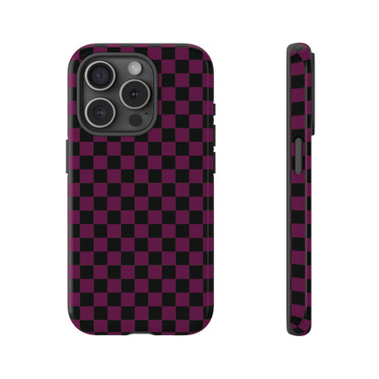 iPhone 15 Pro / Glossy Phone Case - Trendy Plum & Black Small Checked Pattern Phone Case