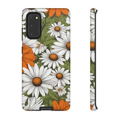 Samsung Galaxy S20 / Glossy Phone Case - Boho Chic Daisies Floral Pattern ’White Orange & Green’ Phone Case