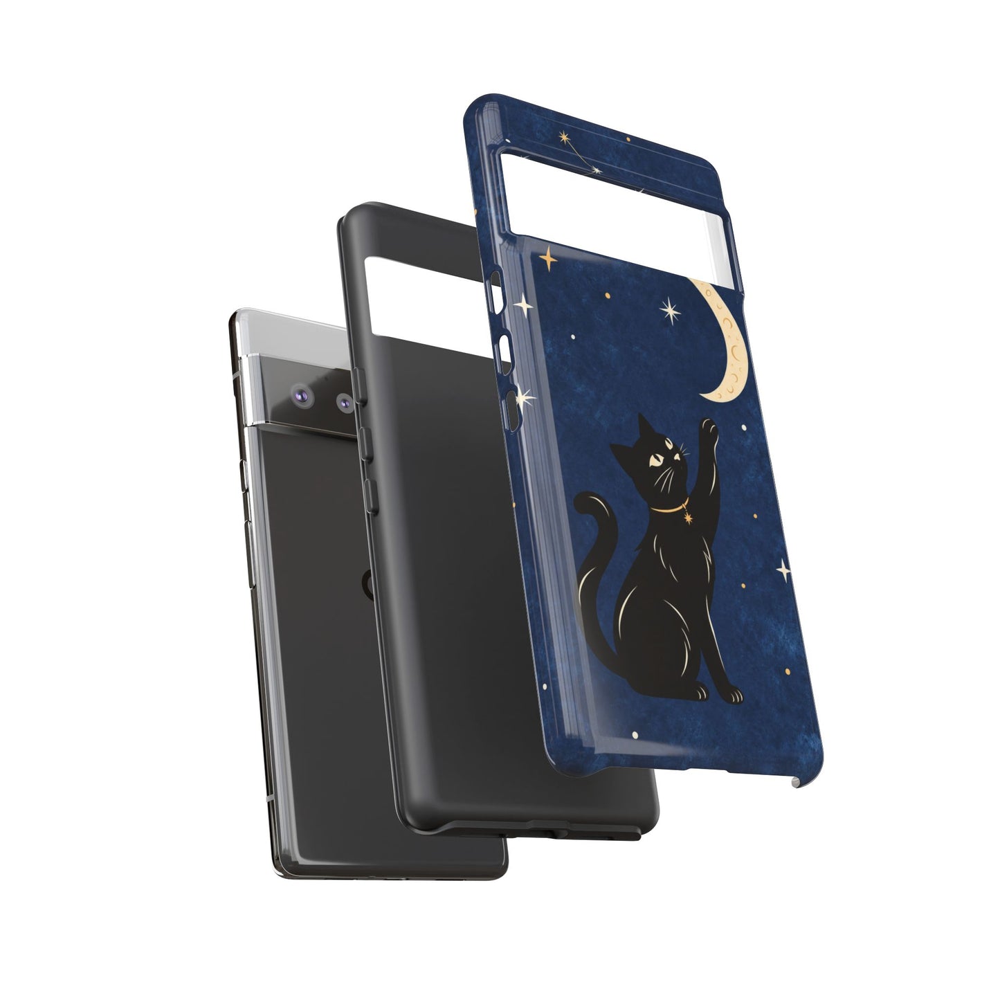 Whimsical Navy Blue Celestial Black Cat Phone Case