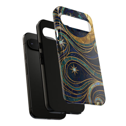 Elegant Navy & Gold Crescent Moon Mosaic Phone Case