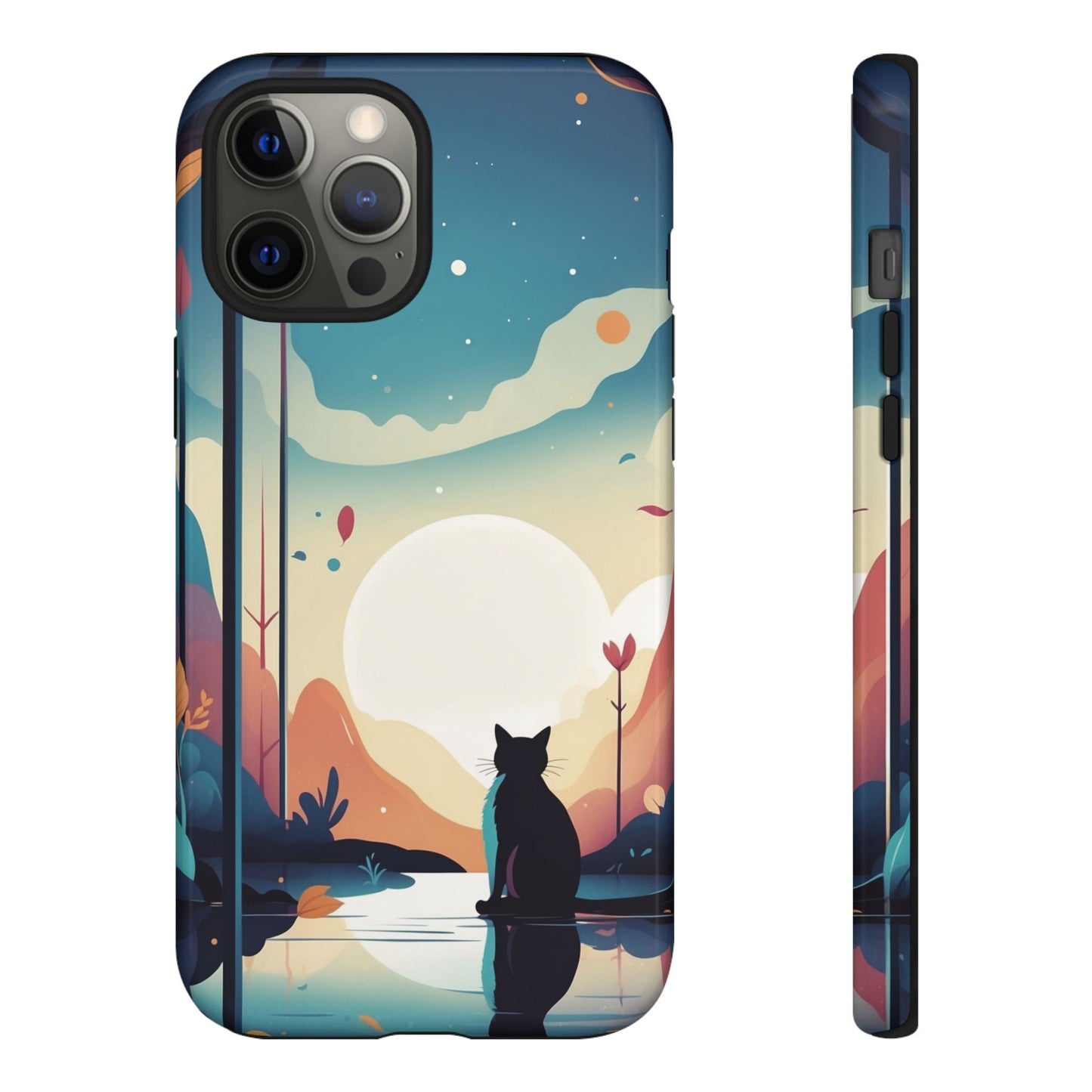 iPhone 12 Pro Max / Glossy Phone Case - Stylised Cat & Moon Design Phone Case