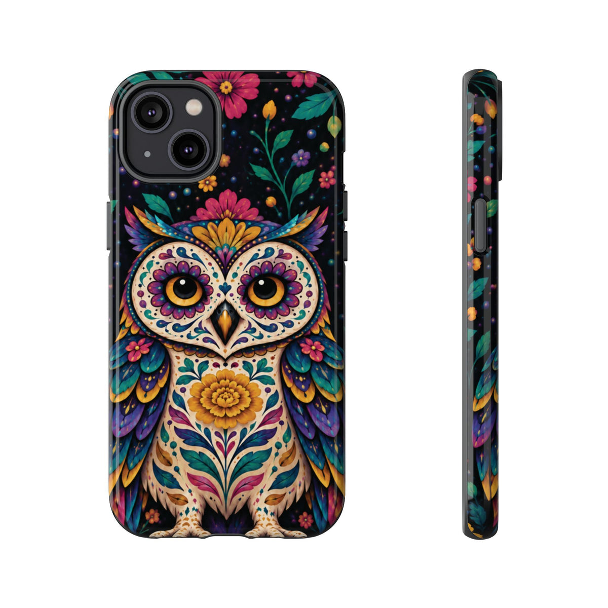 Vibrant Purple and Teal Calavera Owl Phone Case - Multicolor Phone Case - iPhone 14 Plus / Glossy