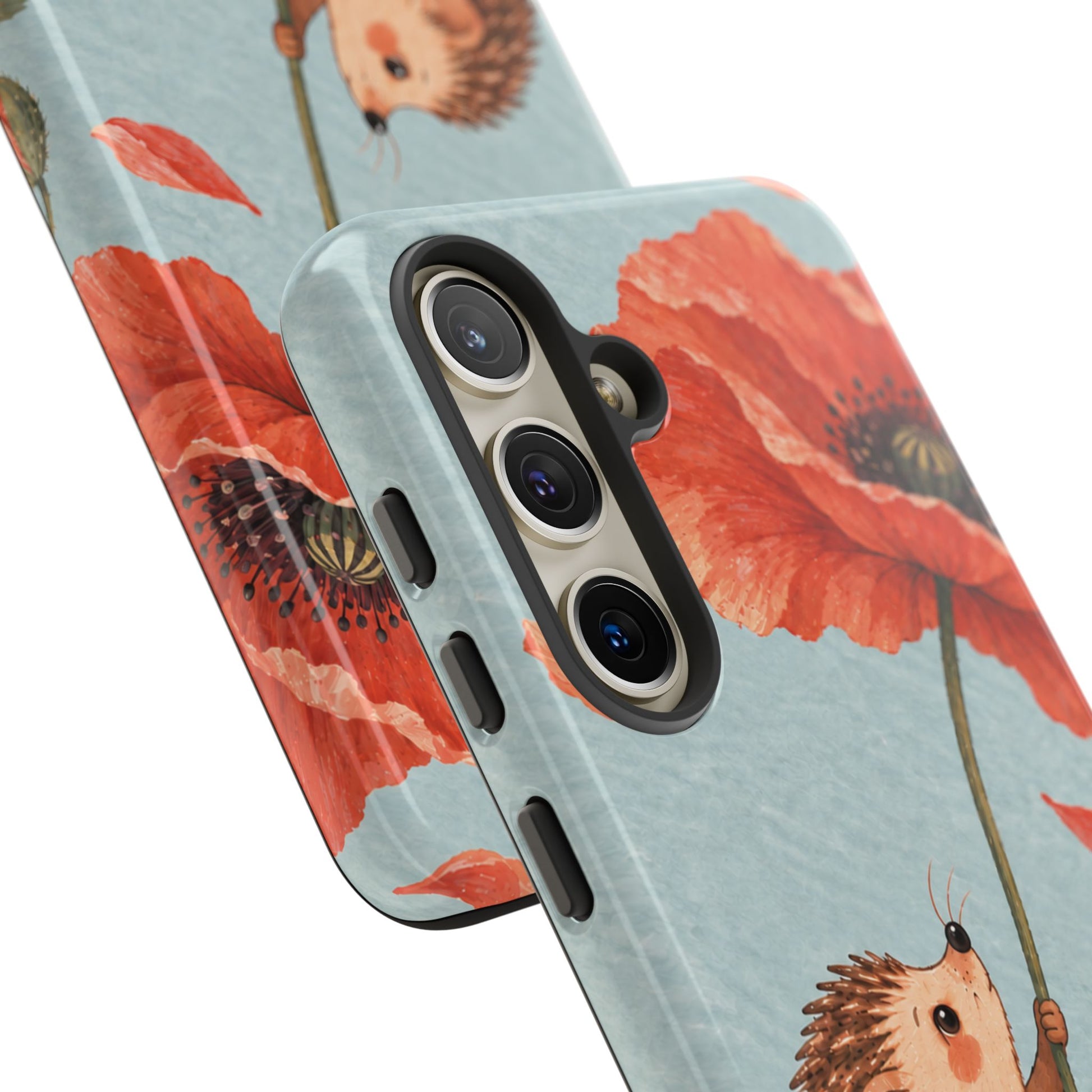 Whimsical Pale Blue Hedgehog and Poppy Phone Case - Blue Phone Case