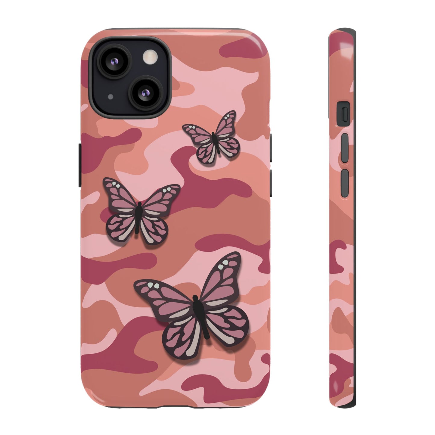 iPhone 13 / Glossy Phone Case - Pink Butterfly Camo Phone Case