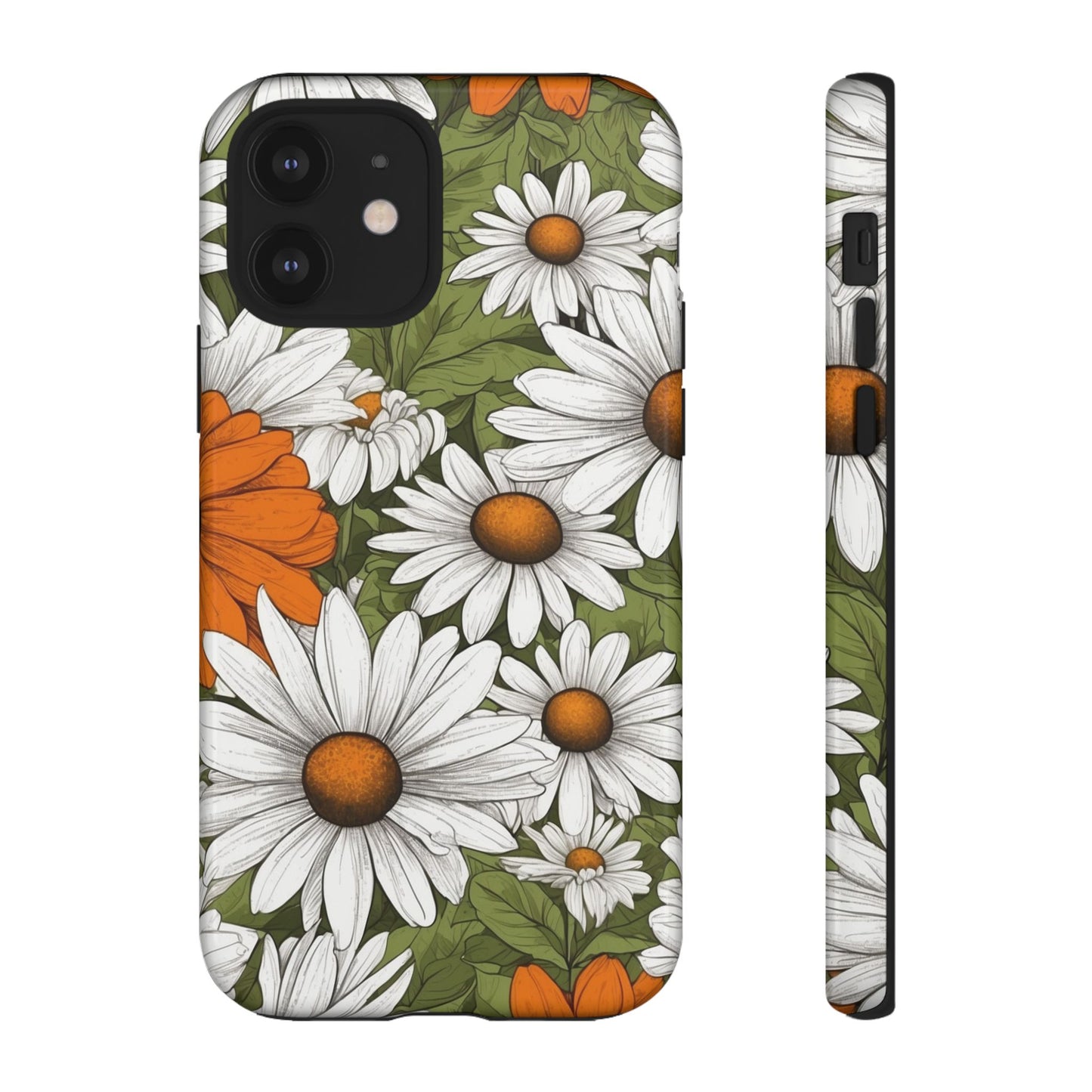 iPhone 12 / Glossy Phone Case - Boho Chic Daisies Floral Pattern ’White Orange & Green’ Phone Case