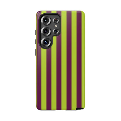 Samsung Galaxy S25 Ultra / Glossy Phone Case - Trendy Neon Lime Green & Plum Stripe Pattern Phone Case