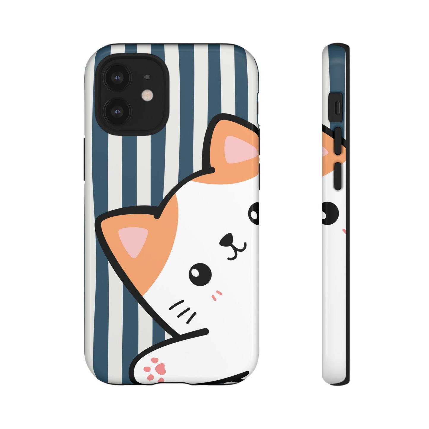 Playful Peakaboo Cat with Blue Stripe Pattern Phone Case - Blue Phone Case - iPhone 12 Mini / Glossy