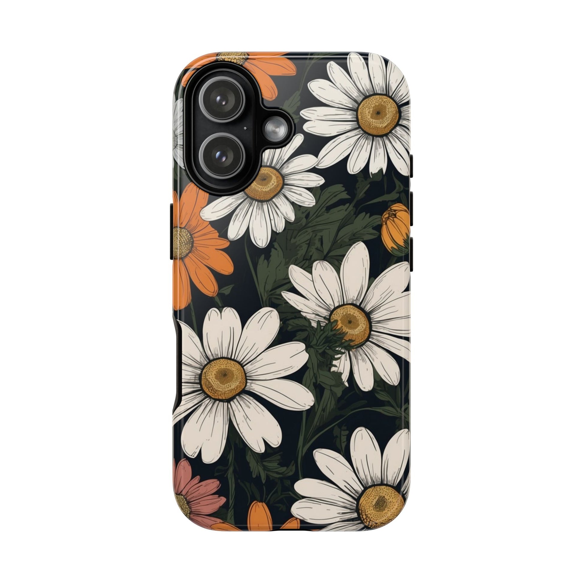 iPhone 17 / Glossy Phone Case - Boho Chic Daisies Floral Pattern ’White Orange & Pink’ Phone Case