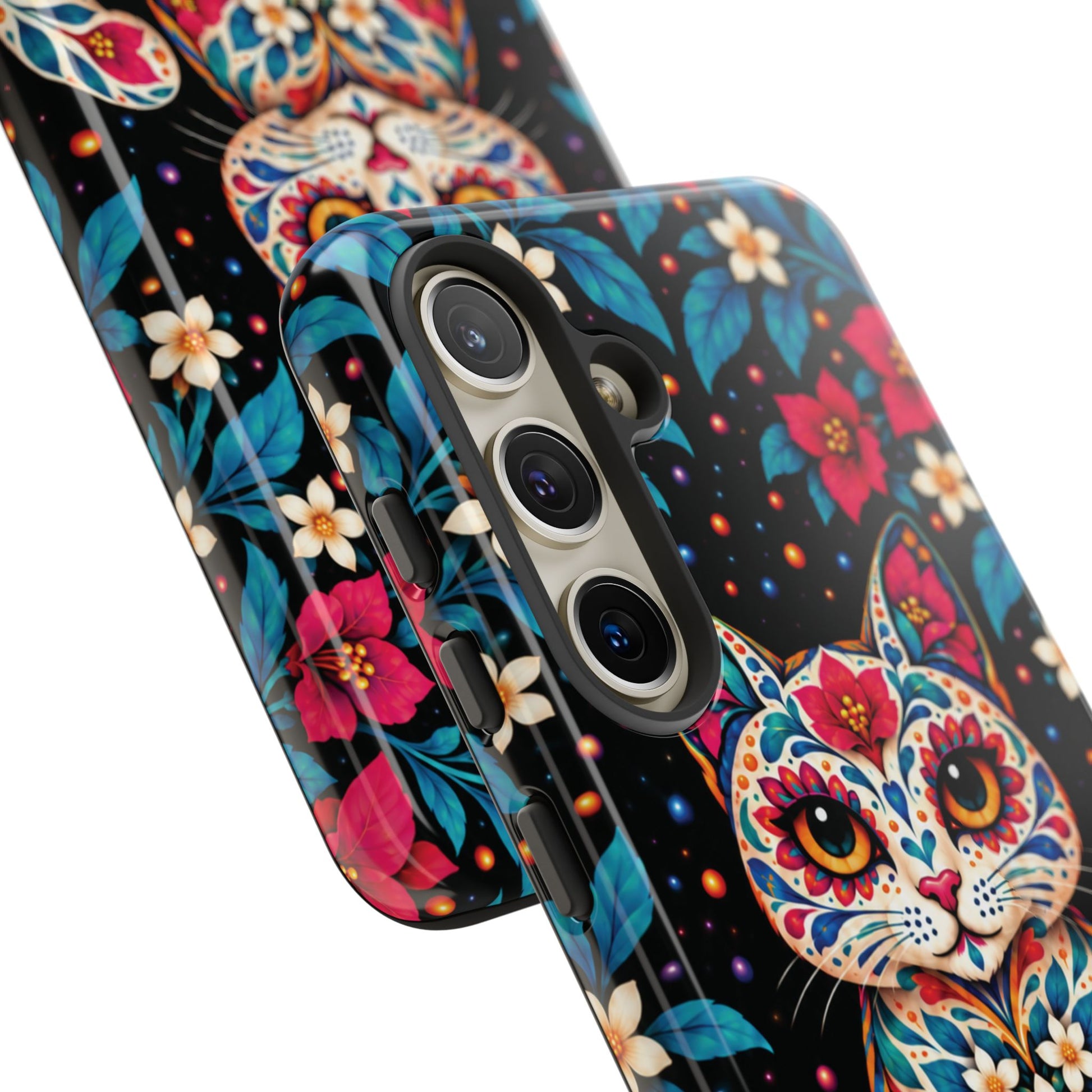 Vibrant Pink and Turquoise Calavera Cat Phone Case - Multicolor Phone Case