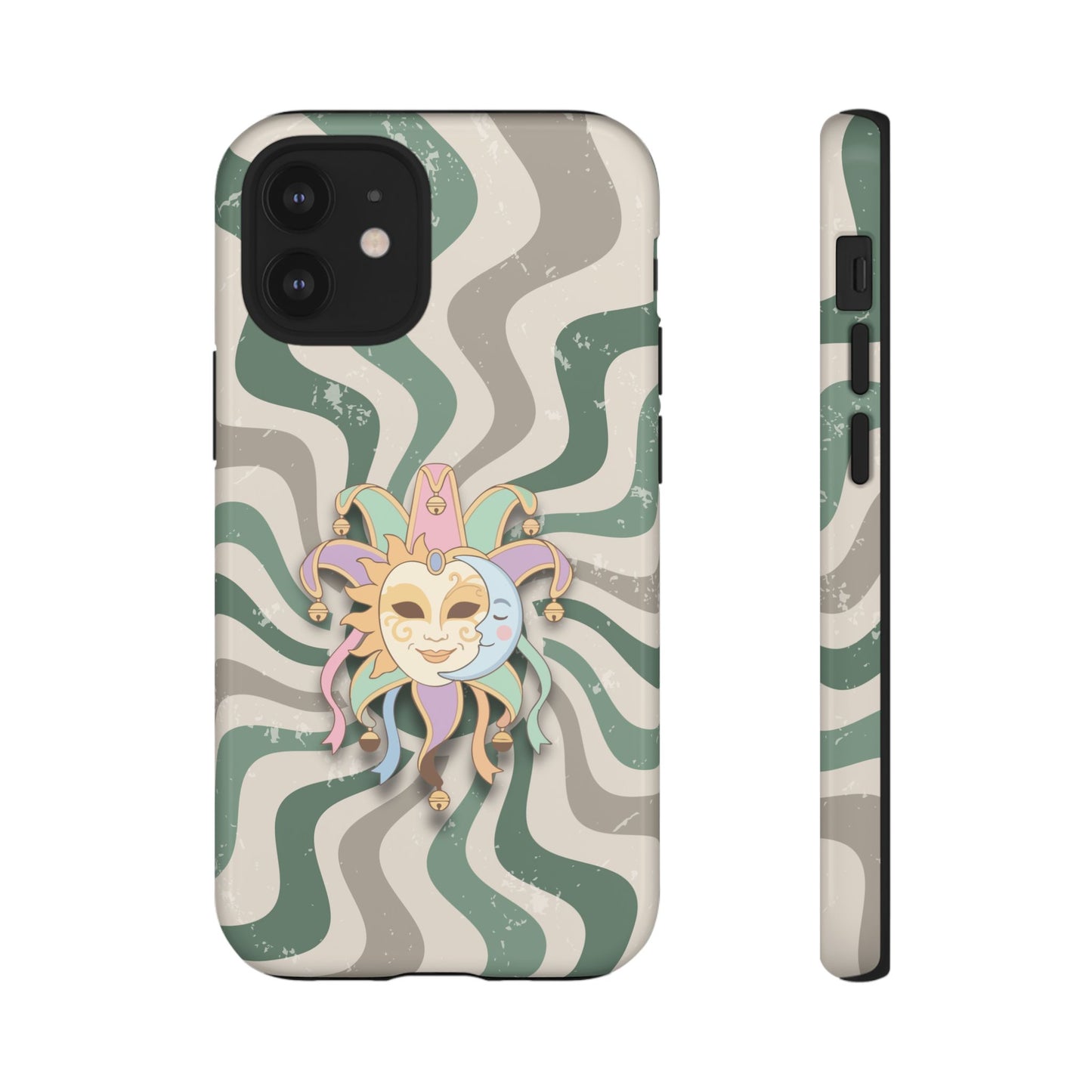 iPhone 12 Mini / Glossy Phone Case - Sun & Moon Jester Mask – Green Retro Wave Phone Case