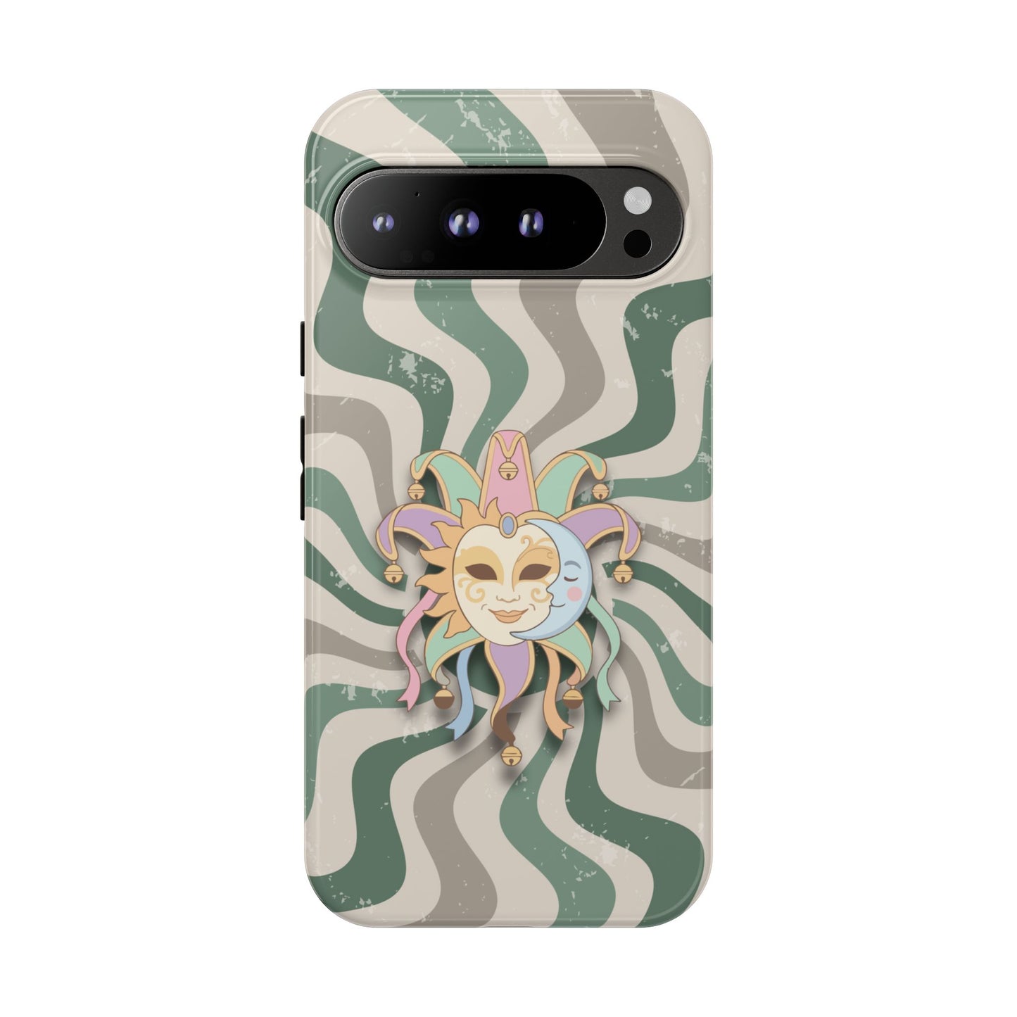 Google Pixel 9 Pro XL / Glossy Phone Case - Sun & Moon Jester Mask – Green Retro Wave Phone Case