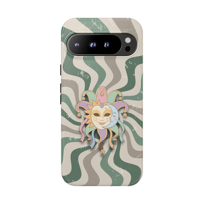 Google Pixel 9 Pro XL / Glossy Phone Case - Sun & Moon Jester Mask – Green Retro Wave Phone Case