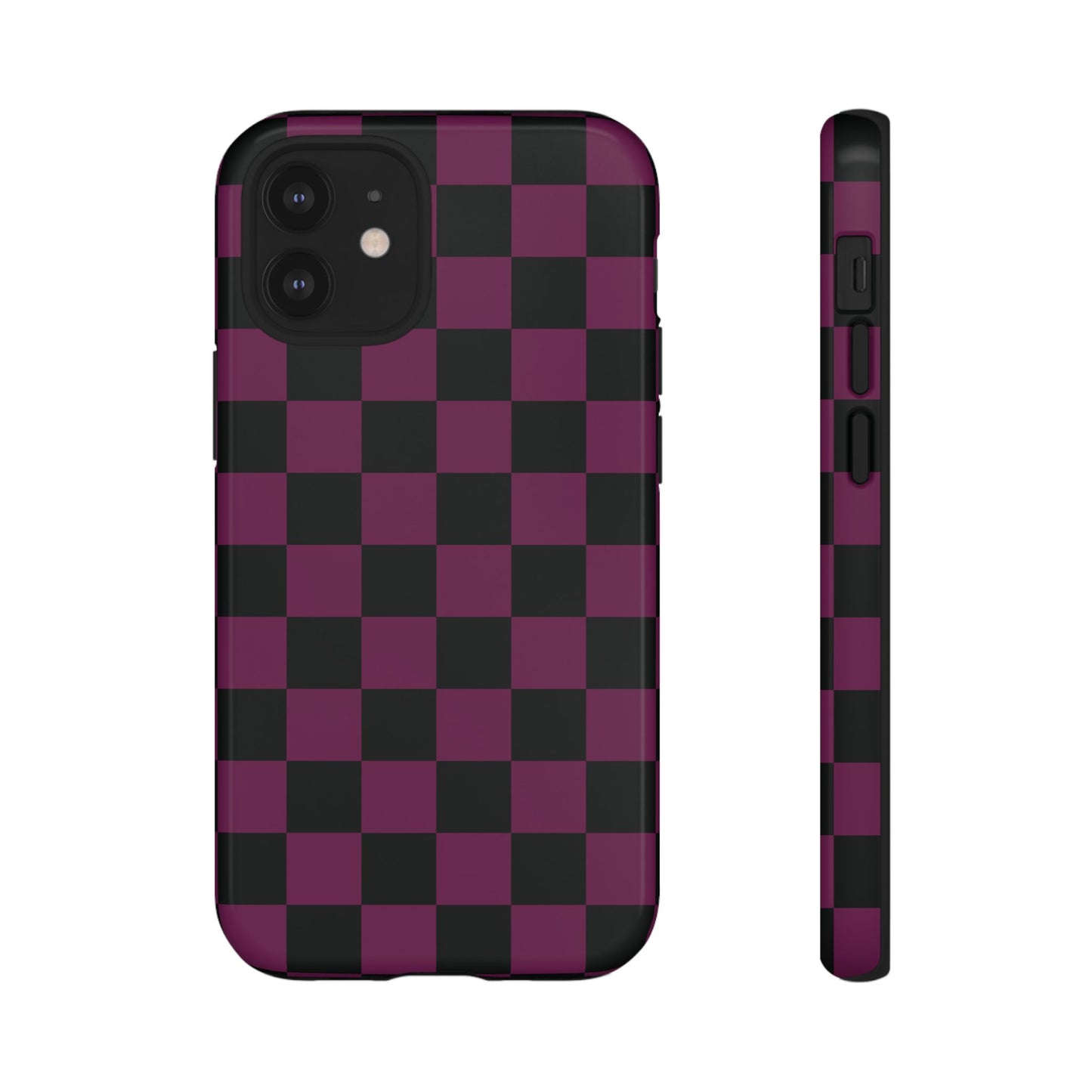 iPhone 12 Mini / Glossy Phone Case - Trendy Plum & Black Checked Pattern Phone Case