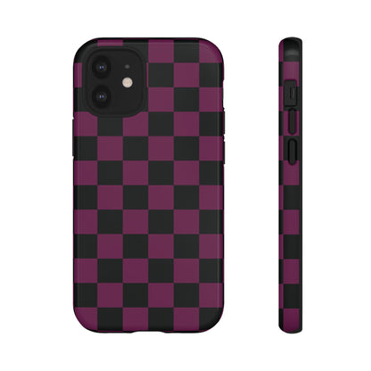 iPhone 12 Mini / Glossy Phone Case - Trendy Plum & Black Checked Pattern Phone Case