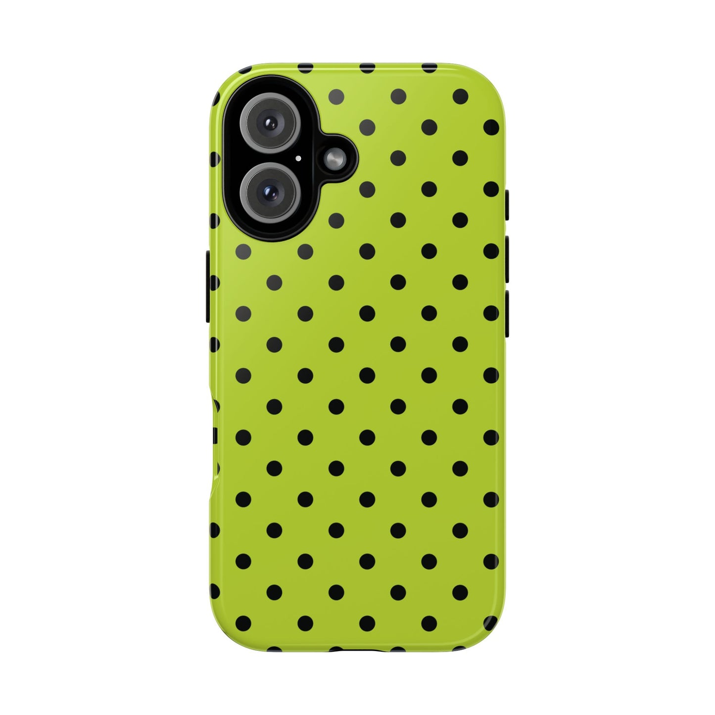iPhone 16 / Glossy Phone Case - Trendy Neon Lime Green & Black Dot Pattern Phone Case