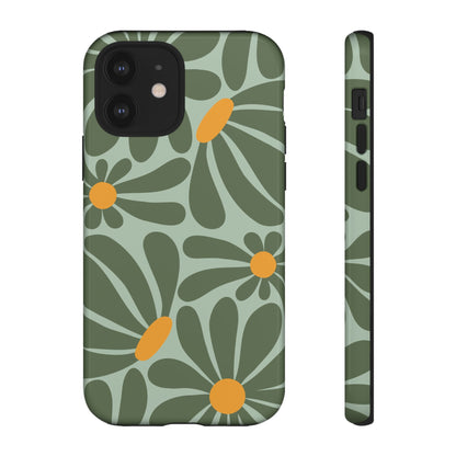 iPhone 12 / Glossy Phone Case - Retro Green Daisy Pattern Phone Case