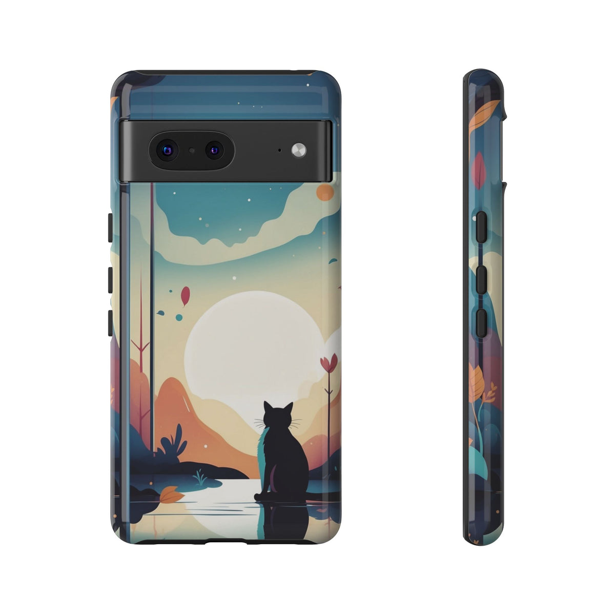 Stylised Cat & Moon Design Phone Case - Multicolor Phone Case - Google Pixel 7 / Glossy