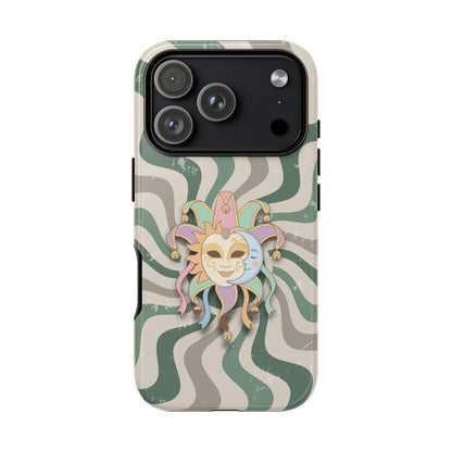 iPhone 17 Pro / Glossy Phone Case - Sun & Moon Jester Mask – Green Retro Wave Phone Case