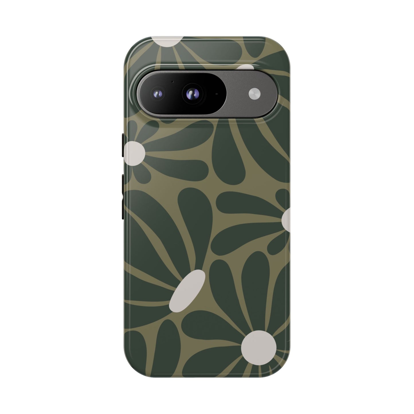 Google Pixel 9 / Glossy Phone Case - ’Retro Olive Green Daisy Pattern’ Phone Case