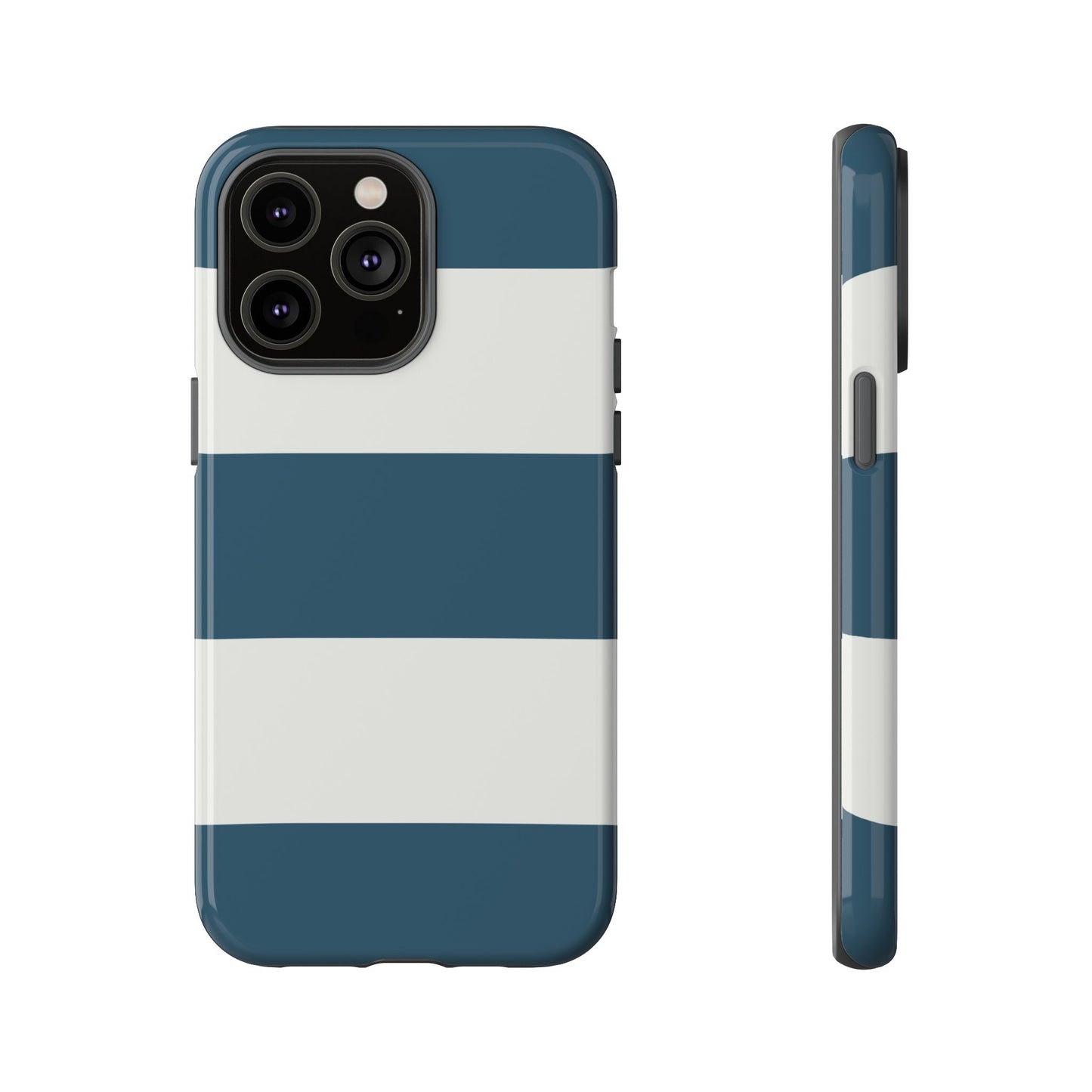 iPhone 14 Pro Max / Glossy Phone Case - Blue & White Horizontal Stripe Pattern Phone Case