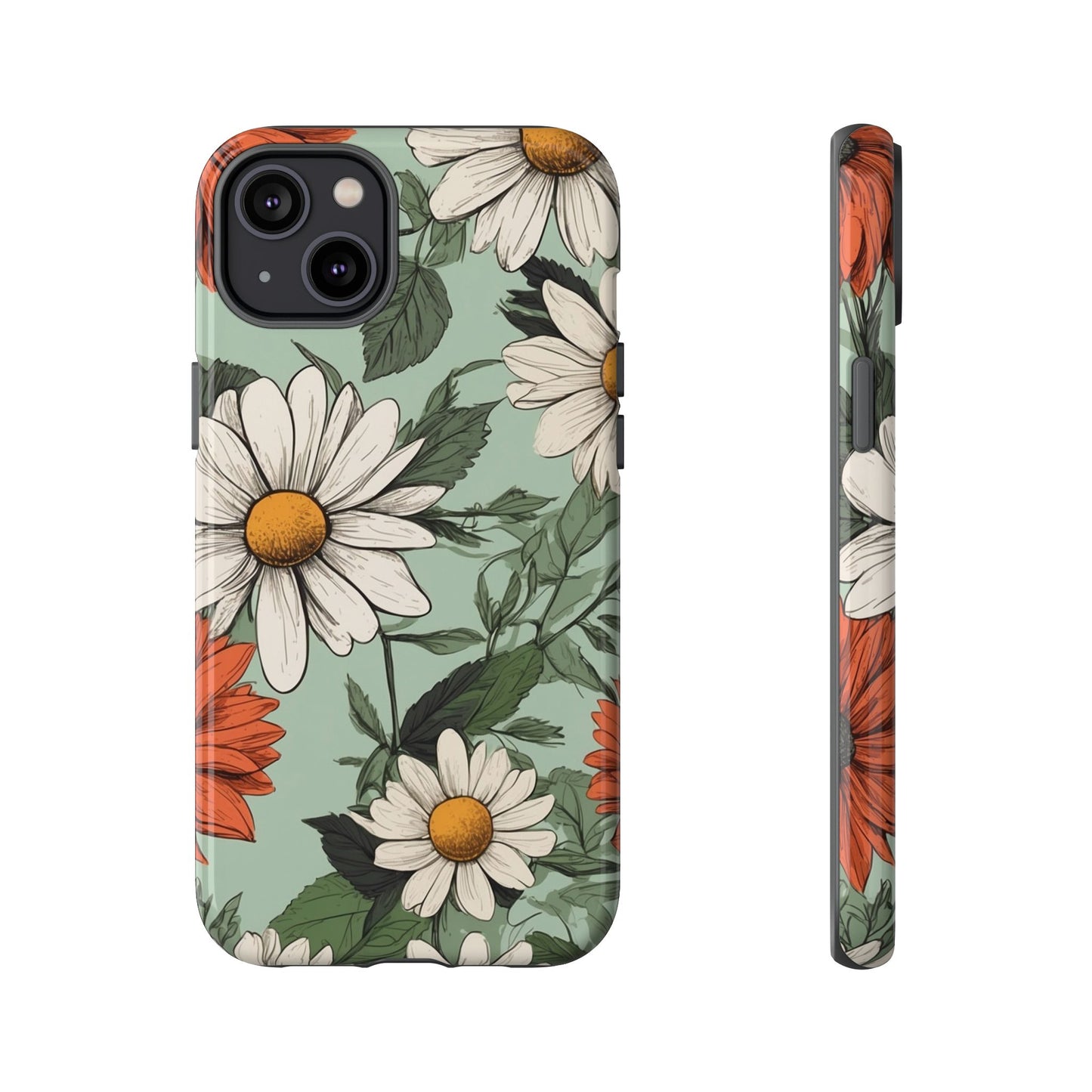 iPhone 14 Plus / Glossy Phone Case - Boho Chic Daisies Floral Pattern ’White & Orange’ Phone Case