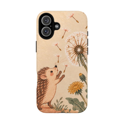 Whimsical Cream Hedgehog and Dandelion Phone Case - White Phone Case - iPhone 16 Plus / Glossy