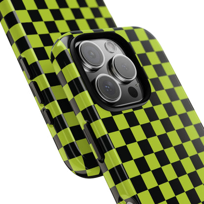 Trendy Neon Lime Green & Black Small Checked Pattern Phone Case - Green Phone Case