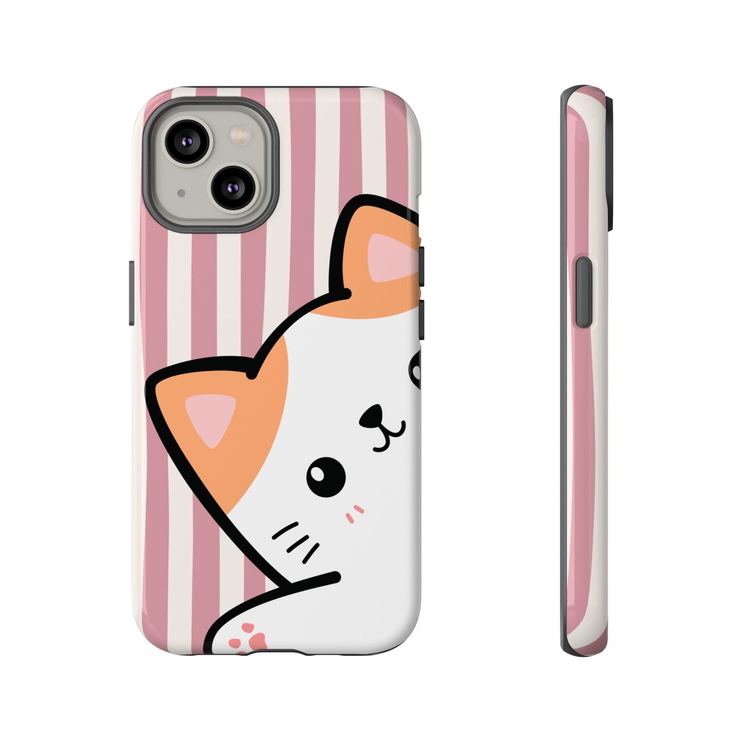 Playful Peakaboo Cat with Pink Stripe Pattern Phone Case - Pink Phone Case - iPhone 14 / Glossy