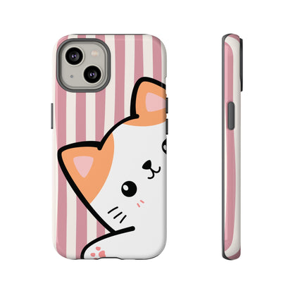 Playful Peakaboo Cat with Pink Stripe Pattern Phone Case - Pink Phone Case - iPhone 14 / Glossy