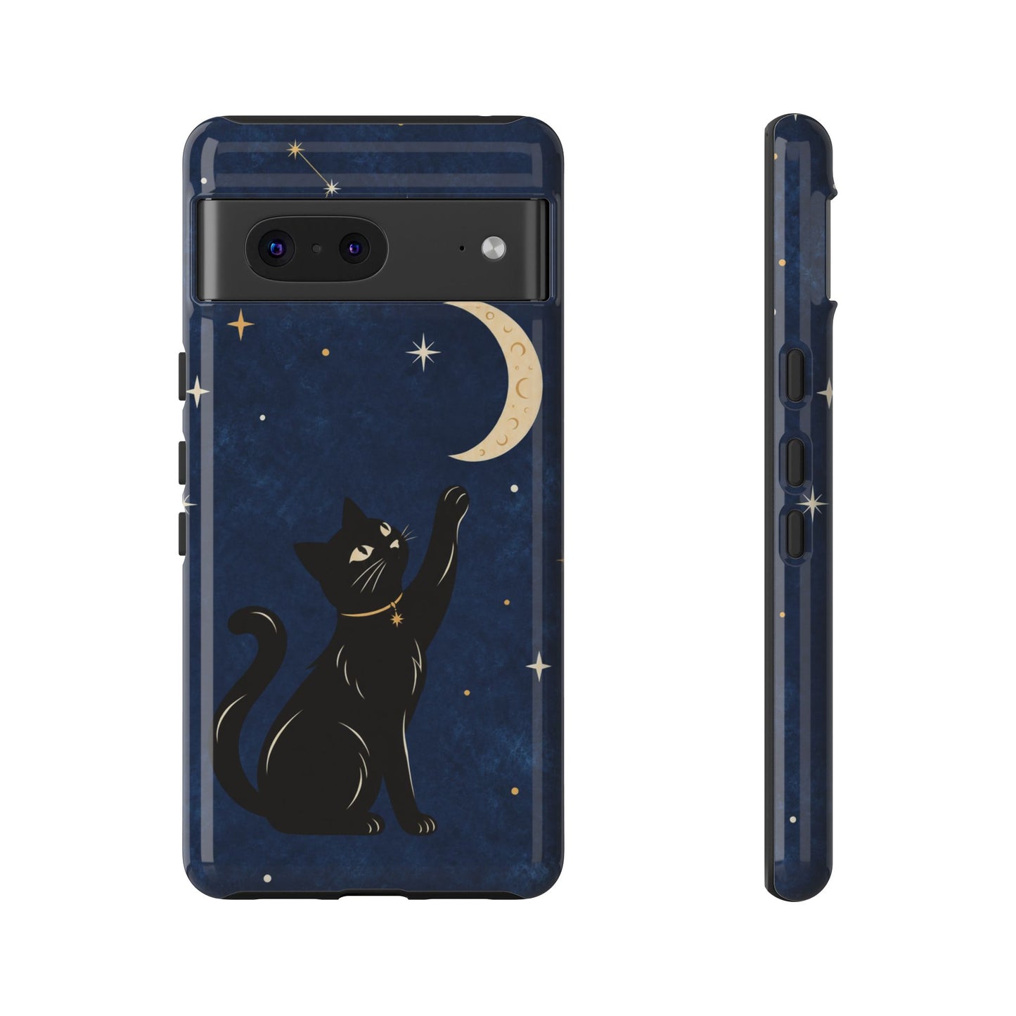 Whimsical Navy Blue Celestial Black Cat Phone Case