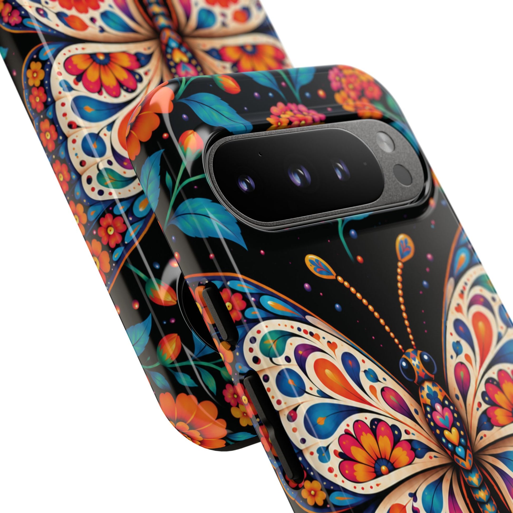 Vibrant Orange and Turquoise Calavera Butterfly Phone Case - Multicolor Phone Case