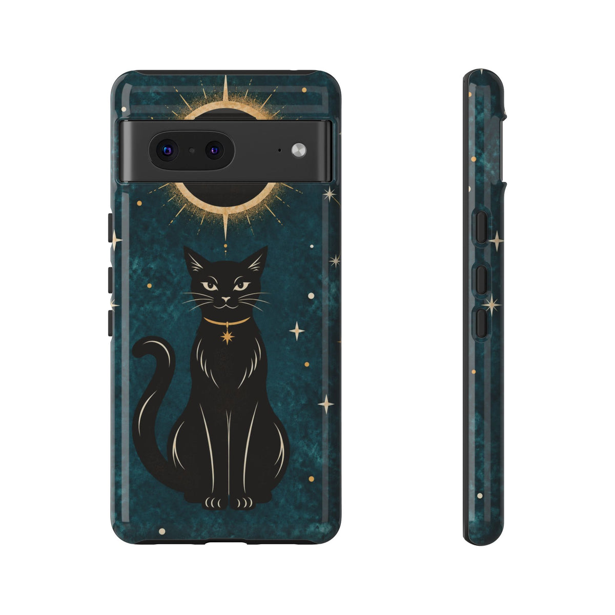 Whimsical Teal Celestial Black Cat Phone Case