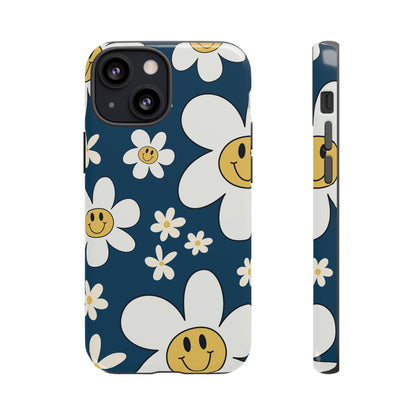 Fun Retro Daisy Pattern with Blue Background Phone Case - Blue Phone Case - iPhone 13 Mini / Glossy