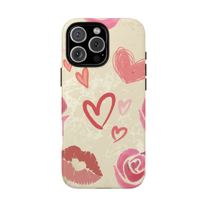 iPhone 16 Pro Max / Glossy Phone Case - ’Pink Heart & Rose Pattern’ Phone Case
